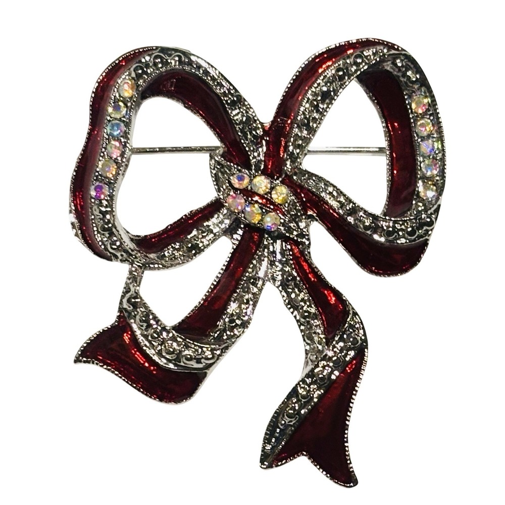 Festive Christmas BOW Red Ribbon Brooch Pin Enamel &‎ Rhinestones Holiday NEW